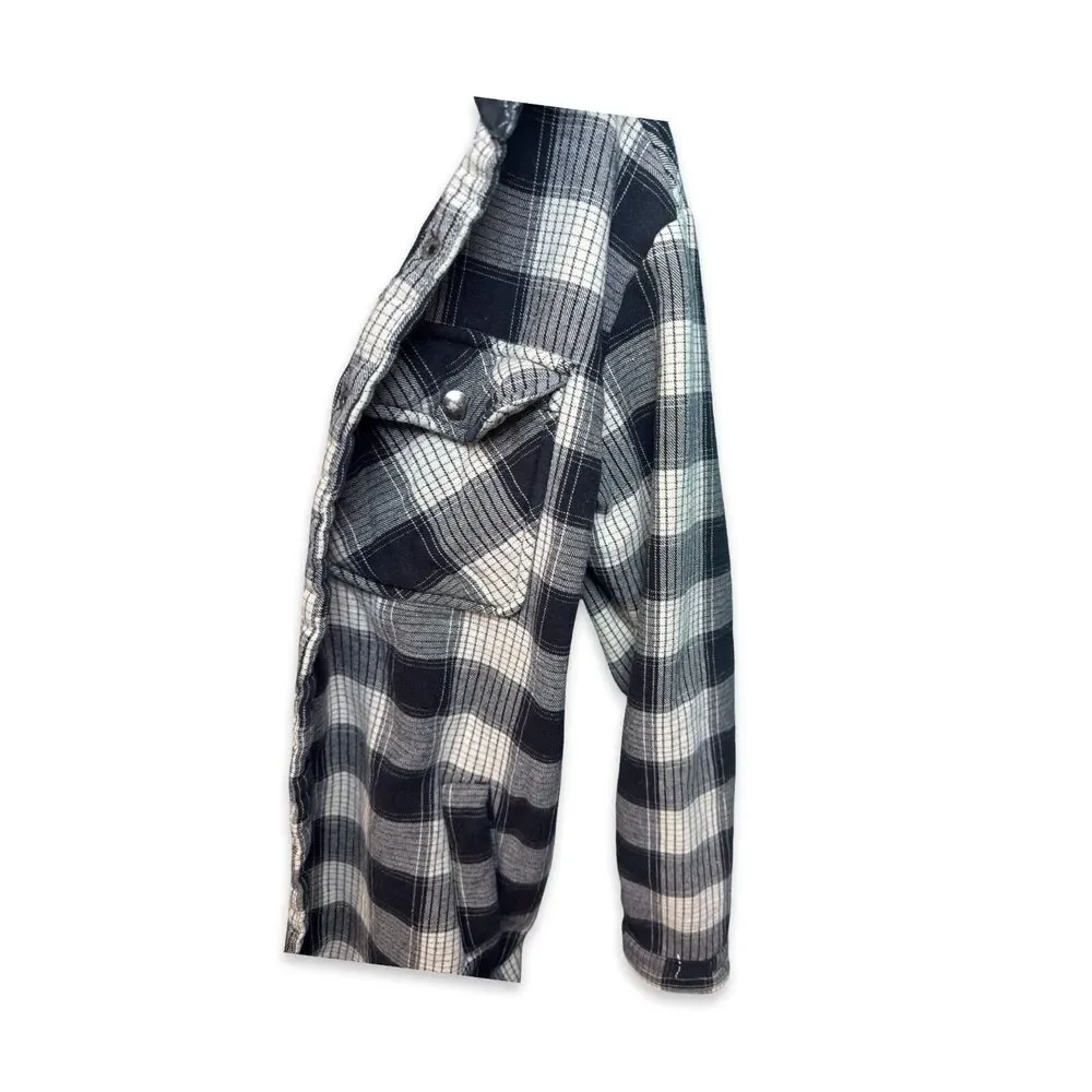 Girl Krazy Sherpa Lined Flannel Shacket Size M Black & Cream Plaid Boyfriend Fit